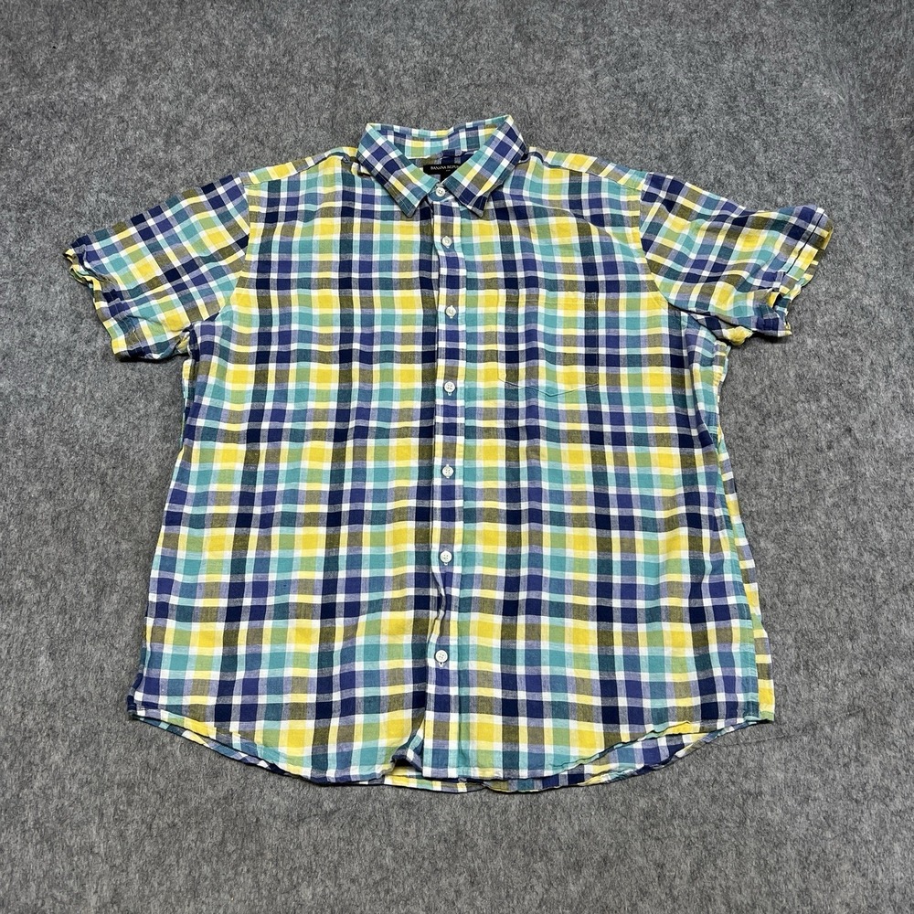 Banana Republic Shirt Mens XL Blue Yellow Plaid Linen Cotton Short Sleeve Button